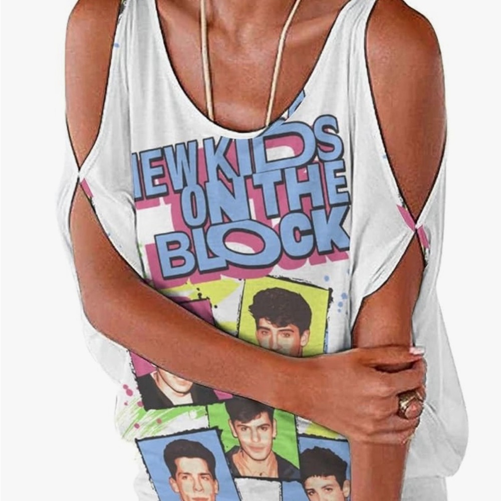 New Kids in the Block open shoulder top.
